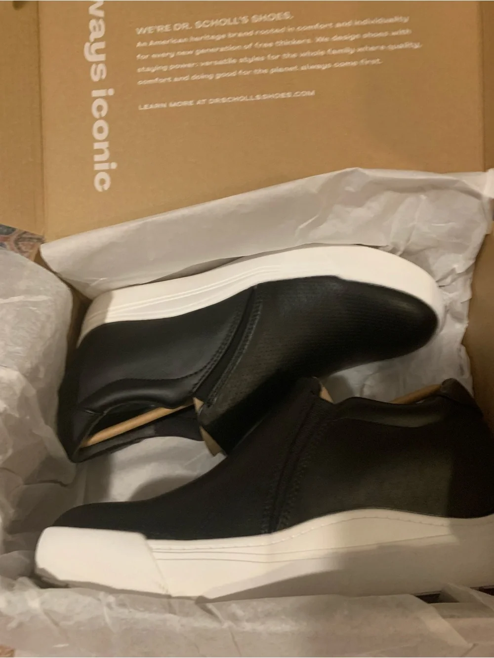 Dr. Scholl's Time Off Wedge Black Slip-On Women’s Sneaker, White Sole Size 9.5